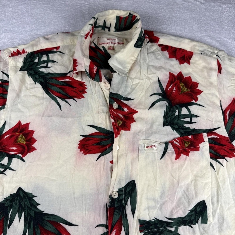 Vintage‎ 90s GUESS by Georges Marciano Floral Hawaiian Shirt Mens M Red Green